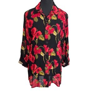 Chico's Design Floral Button Down Shirt Womens Size 0 Black Red Poppy Sheer